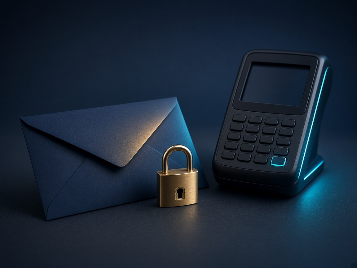 Secure checkout still life with envelope and lock