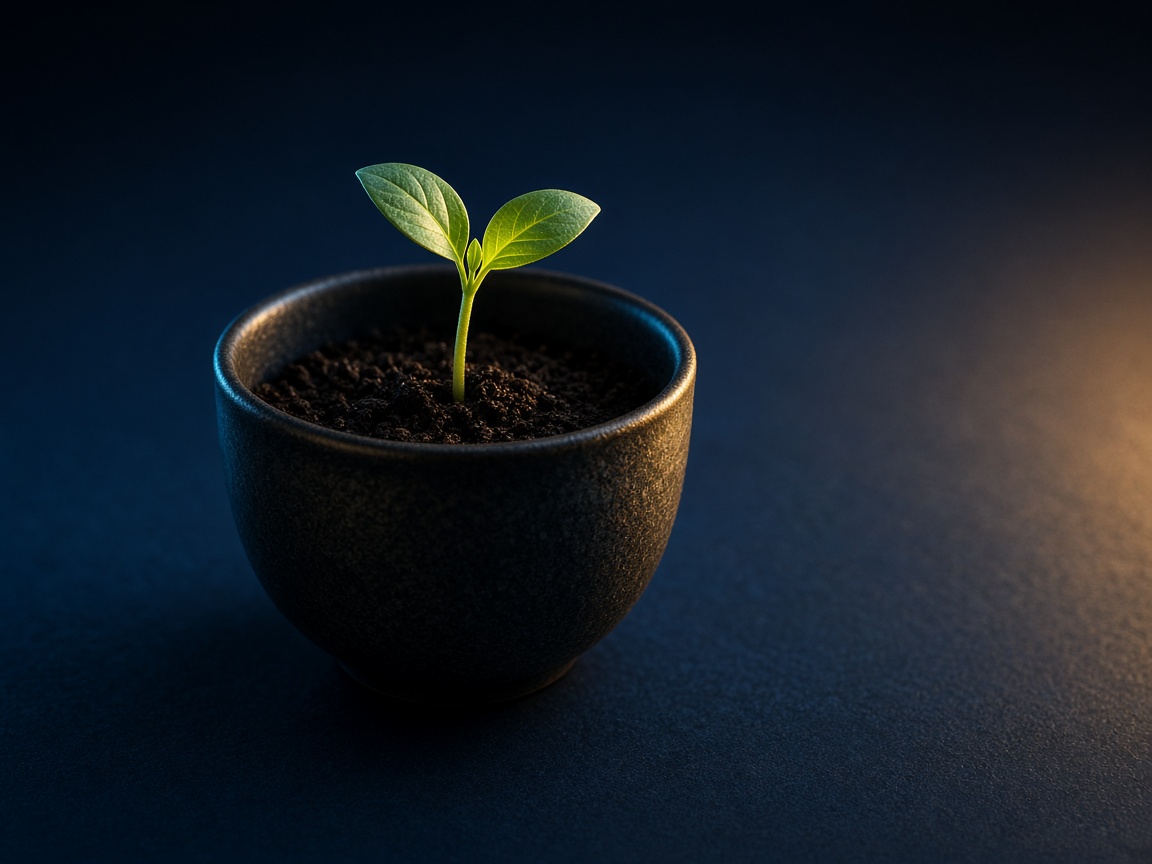 Seedling in a dark cup, a symbol of personal development